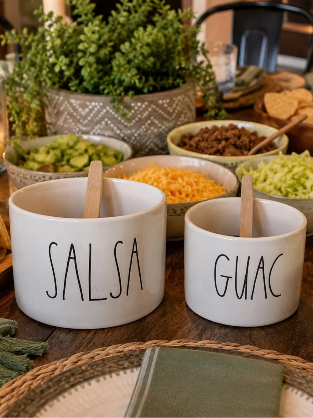 Rae Dunn SALSA & GUAC Ceramic Bowl Set with Wooden Spoons